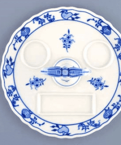 Cibulák – Podnos guľatý 21 cm s rukoväťou na soľničku, koreničku a dózu na špáradlá – originál cibuľový porcelán 1. akosť