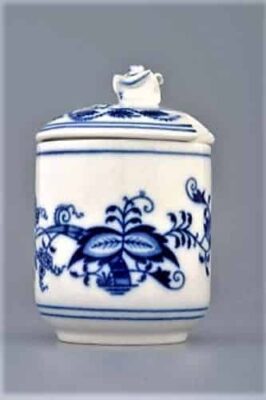 Cibulák – Dóza na horčicu 0,1 l viečko s výrezom na lyžičku – originál cibuľový porcelán 1. akosť