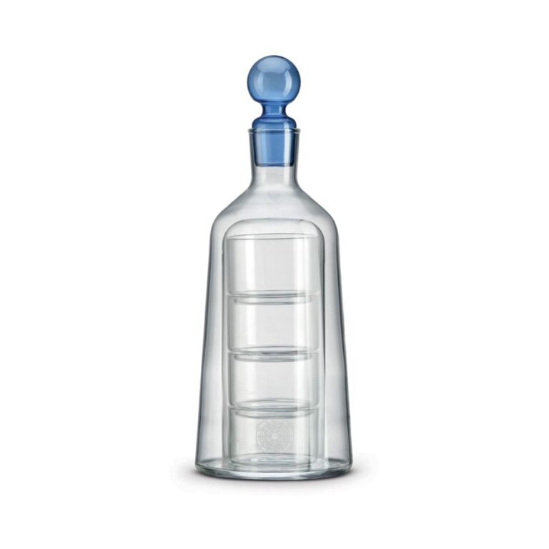 Dekantér so 4 pohármi a modrým uzáverom 850 ml