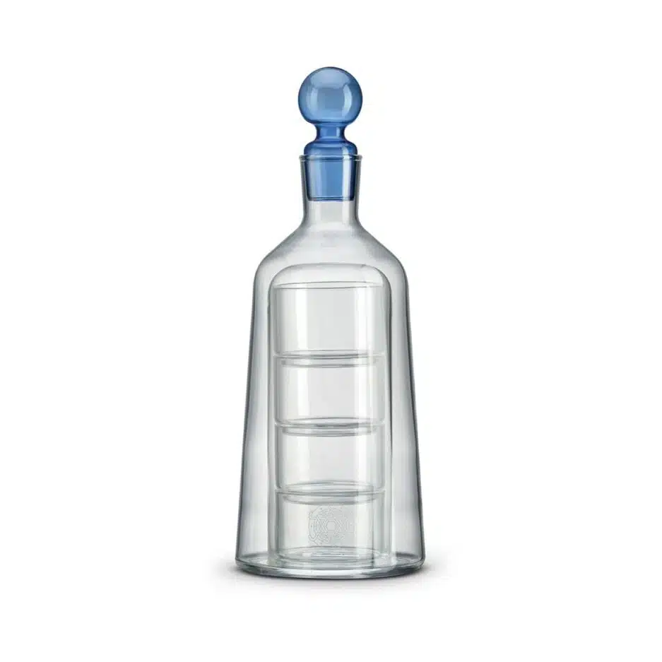 Dekantér so 4 pohármi a modrým uzáverom 850 ml