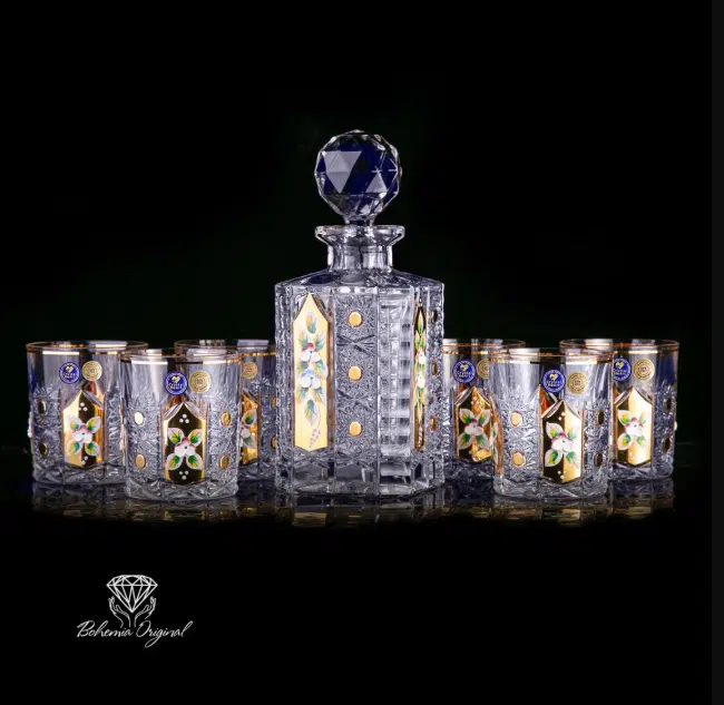 Set krištáľová brúsená karafa whisky Laura ručná maľba 1 + 6 pohárov