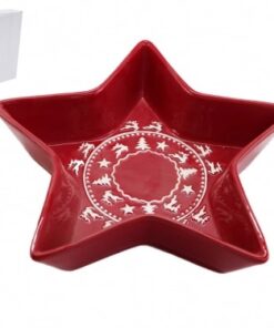Červený tanier v tvare hviezdy s vianočnou výzdobou 25 x 25 x 5 cm